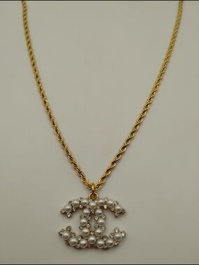 Chanel Gold Pearl CC Authentic Pendant On A 14K Over Sterling Silver Necklace